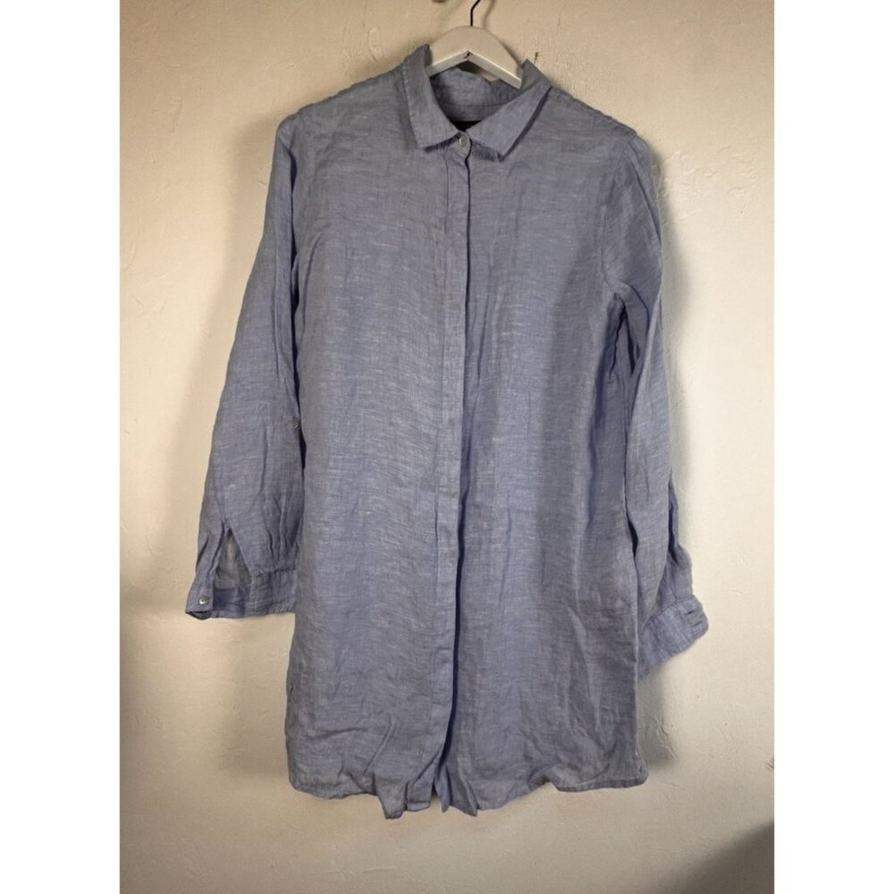 Tahari Essentials Women Linen Button-Up Shirt Tunic Large Light Blue Long Sleeve